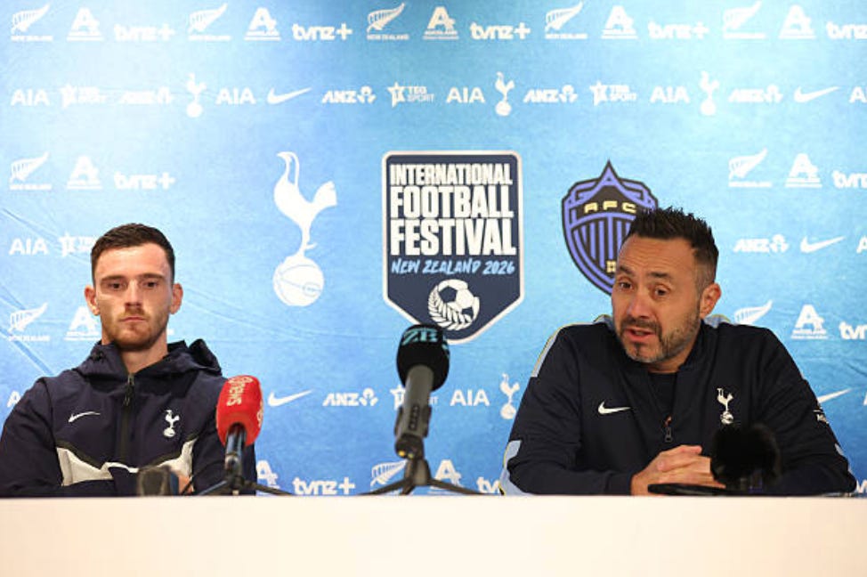 AUCKLAND, NEW ZEALAND - JULY 25: Andy Robertson of Tottenham Hotspur (L) and Manager Roberto De Zerbi (R) speak to media at the Park Hyatt Hotel ahead of the pre-season friendly match between Auckland FC and Tottenham Hotspur on July 25, 2026 in Auckland, New Zealand. (Photo by Phil Walter/Getty Images) AUCKLAND, NEW ZEALAND - JULY 25: Andy Robertson of Tottenham Hotspur (L) and Manager Roberto De Zerbi (R) speak to media at the Park Hyatt Hotel ahead of the pre-season friendly match between Auckland FC and Tottenham Hotspur on July 25, 2026 in Auckland, New Zealand. (Photo by Phil Walter/Getty Images)