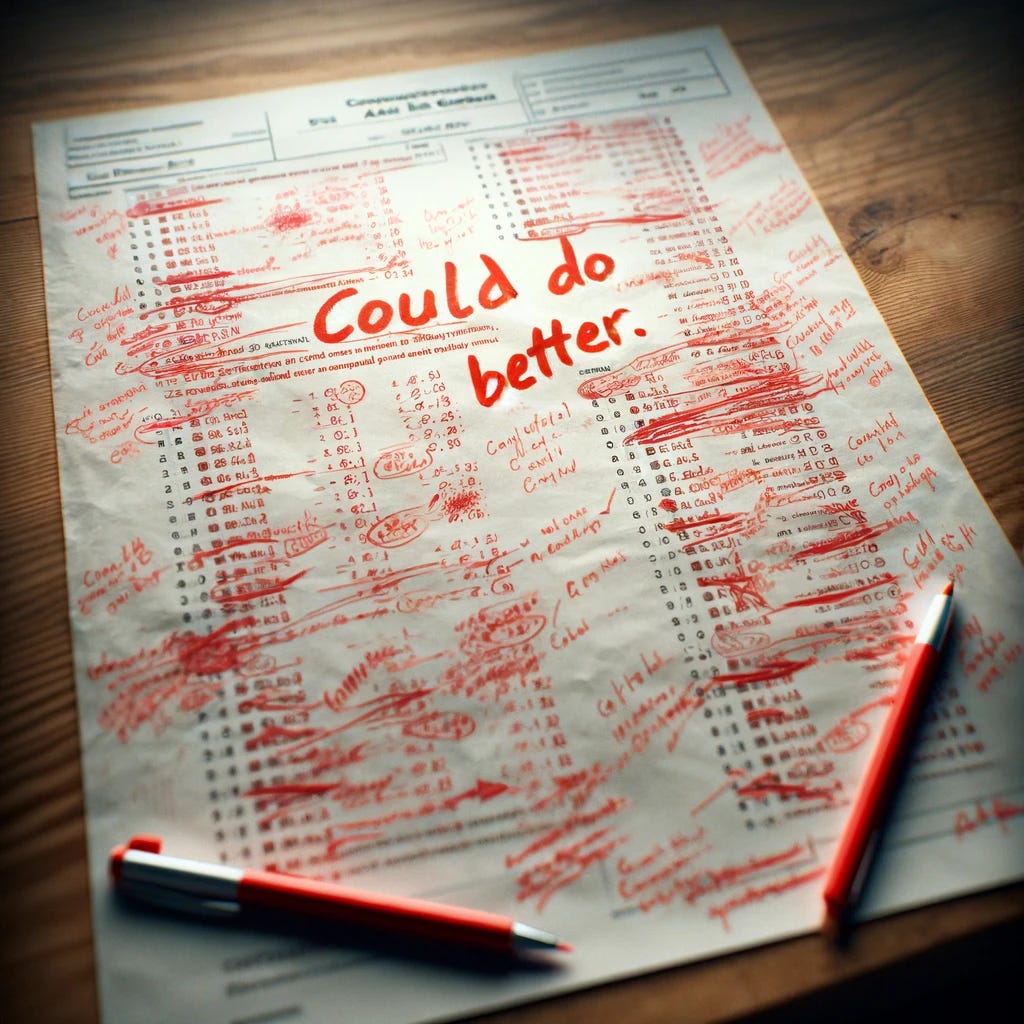 An image of a completed exam paper, visibly covered in red pen marks indicating corrections and annotations. The paper is strewn across a wooden desk, giving it a realistic setting of a classroom or a teacher's workspace. Prominently displayed at the top of the paper, in a large, bold red ink, is a teacher's note that reads, "Could do better." The handwriting should appear professional yet personal, as if a teacher has taken the time to write this note directly on the paper. The scene should convey a sense of academic evaluation, with the focus on the marked exam and the teacher's comment. The paper itself contains various mathematical equations and short answer questions, showcasing a variety of errors corrected by the teacher. The background is simple, emphasizing the paper and the markings without too much distraction.