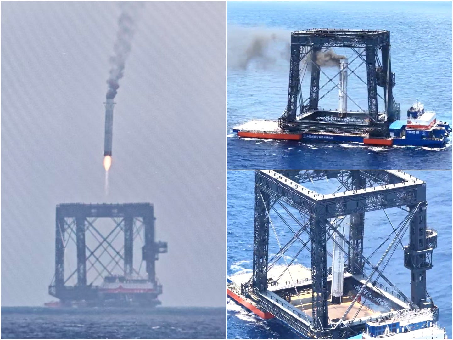 The Long March 10B Y1 vehicle’s first-stage performing its catch burn (left) and caught onboard ‘Linghangzhe’ (right).