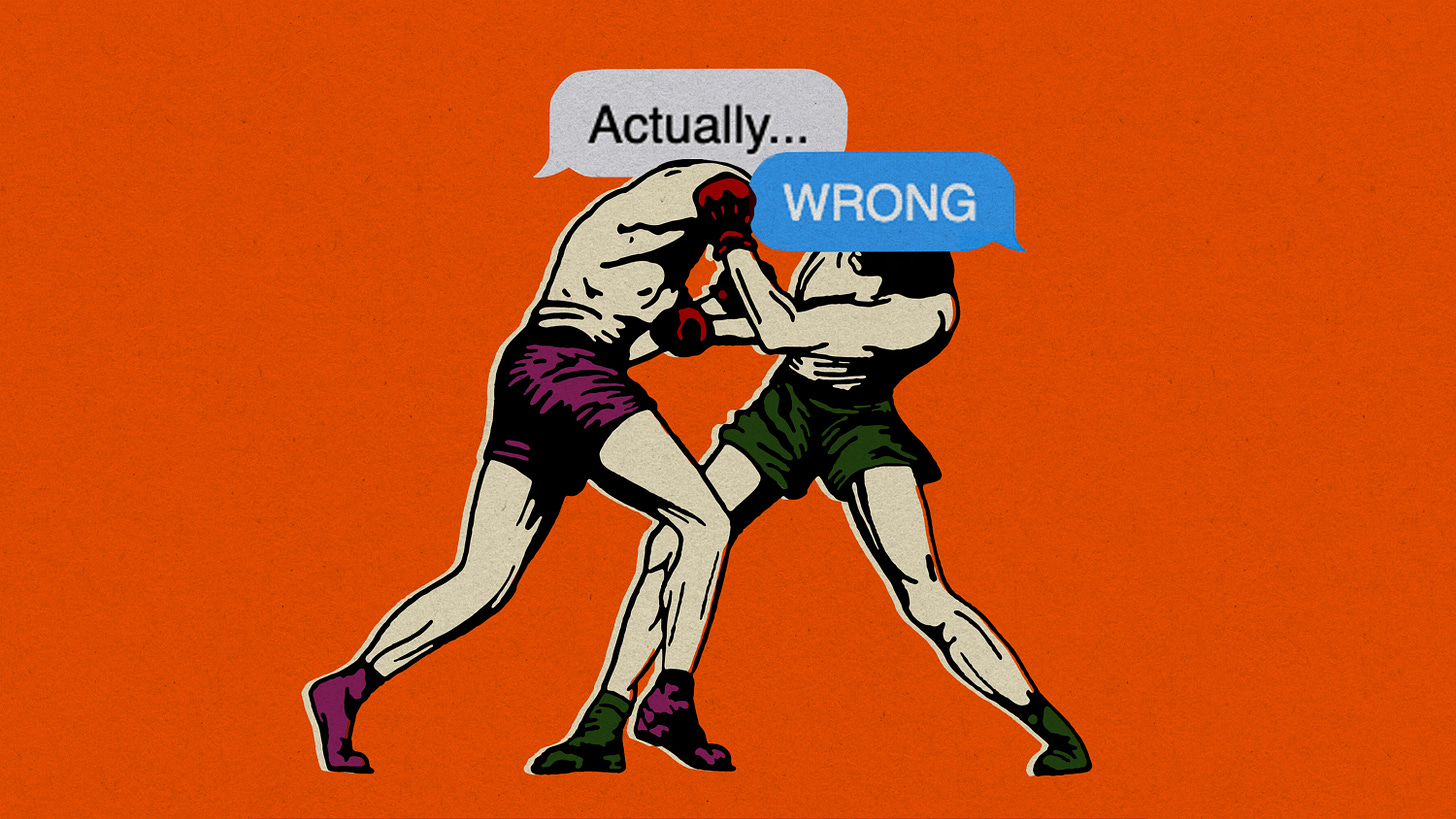 illustration of two men boxing with a bubble over the first fighter that reads &quot;Actually...&quot; and one over the second that reads, &quot;WRONG.&quot;