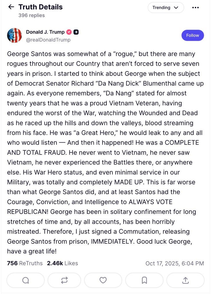 Donald Trump's post about George Santos's release from prison.