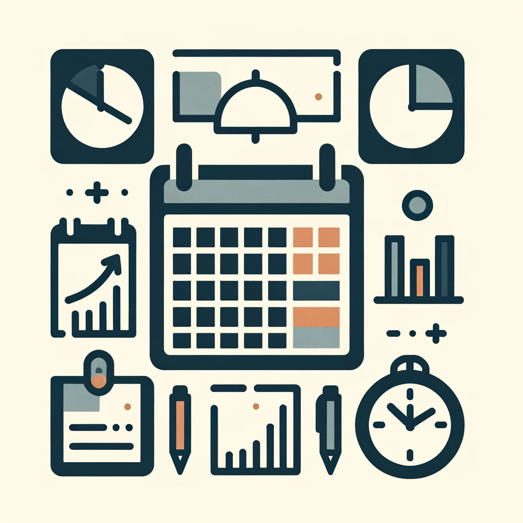Create a simple and clear image that visually represents the concept of quarterly business reviews or earnings calls. The image should include minimalistic icons or symbols such as a calendar marked into four quarters, a simple pie chart divided into quarters, or a straightforward clock face indicating the passage of time. The style should be clean, with a limited color palette emphasizing clarity and focus.