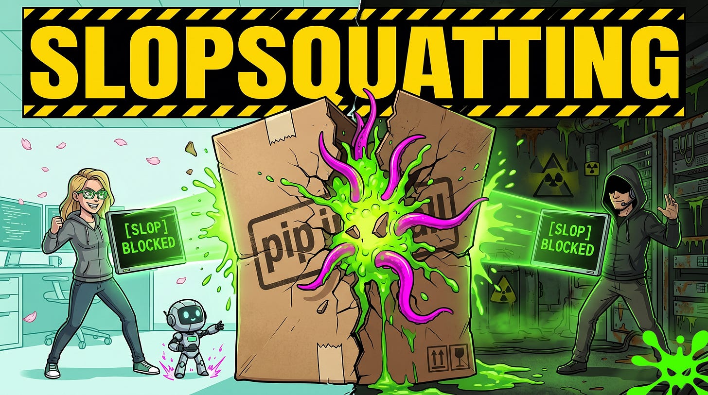 Slopsquatting attack chain: AI coding assistant hallucinates a package name, attacker pre-registers it on PyPI with malware inside