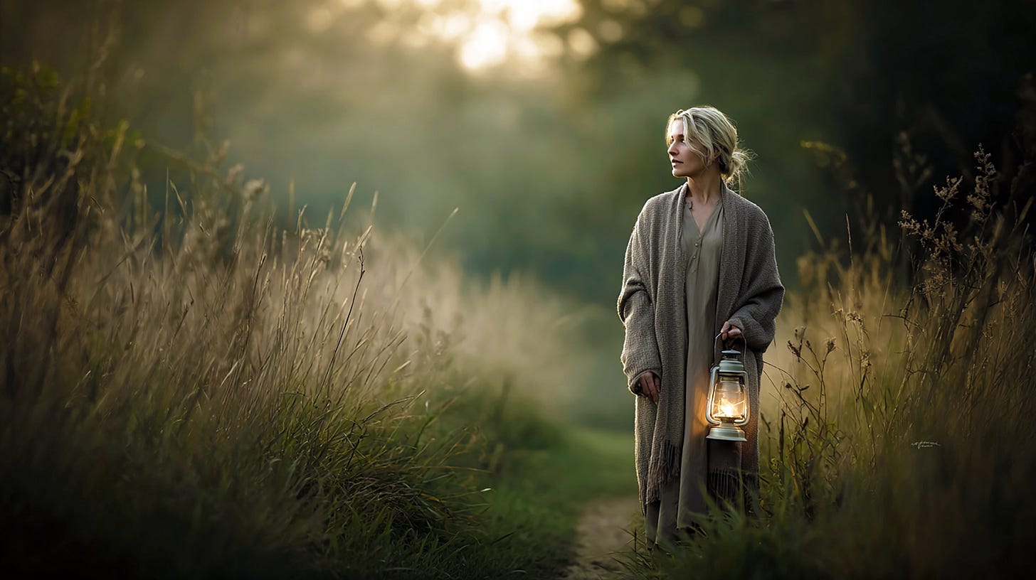 A person standing in the soft morning light on a quiet path through tall grass, holding a glowing lantern at their side, gentle expression, peaceful setting, natural tones, warm realism.