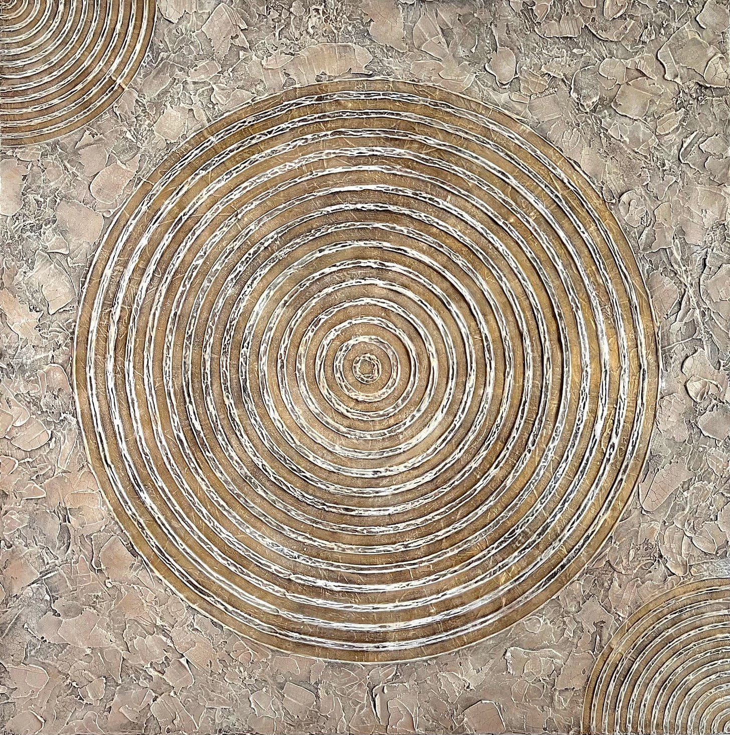 A textured abstract painting featuring concentric circles in earthy tones of beige, brown, and gray. The raised circular lines contrast with the cracked, organic background, creating a sense of movement and depth, evoking patterns found in nature—ripples in water, frost formations, or the passage of time.