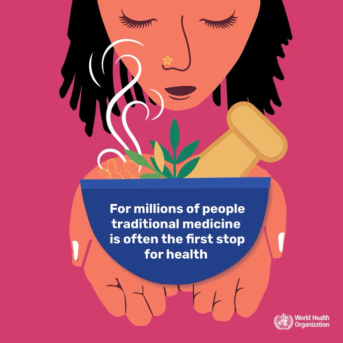 Illustration of a woman holding a bowl with traditional medicine.