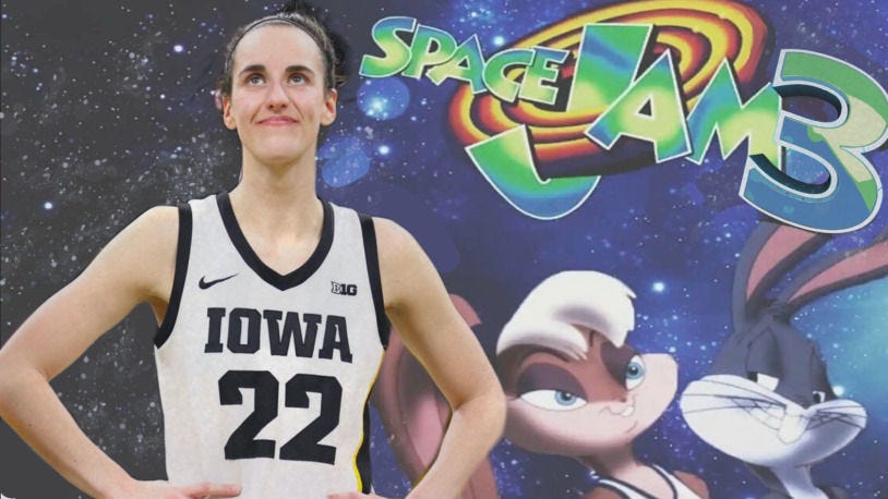 Caitlin Clark standing with Lola and Bugs Bunny against a space background with text reading "Space Jam 3"