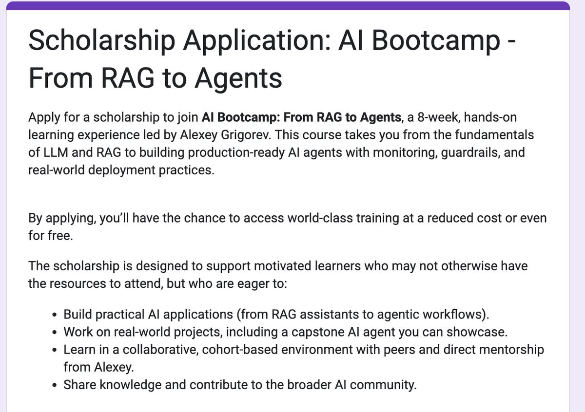 Scholarship application page for an AI Bootcamp titled "From RAG to Agents," detailing course goals, eligibility, fee USD 1,799, and links to apply.