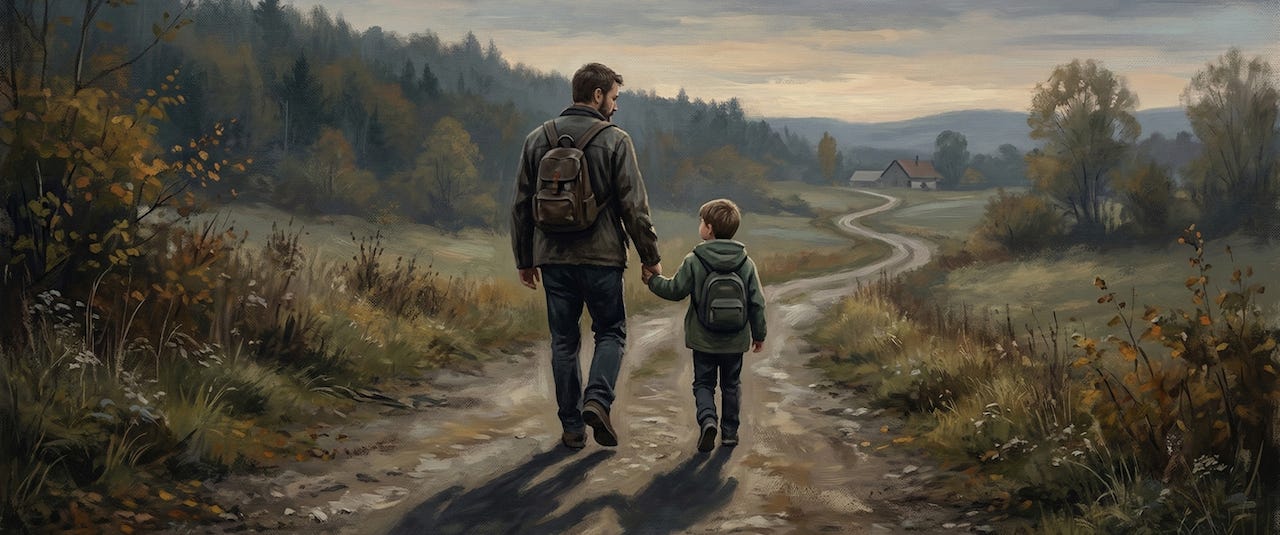 A father and son walking down a path toward the sunset, surrounded by grass and forest.