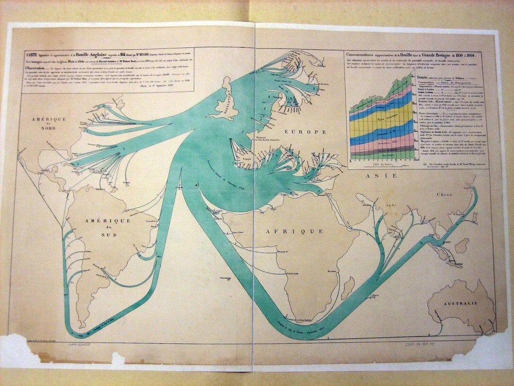 British Coal Exports in the year 1864, 1mm thickness on the blue bars is equal to 20,000 tons — note that the bulk of British Coal was actually consumed in domestic production — this was just the leftovers British Coal Exports in the year 1864, 1mm thickness on the blue bars is equal to 20,000 tons — note that the bulk of British Coal was actually consumed in domestic production — this was just the leftovers