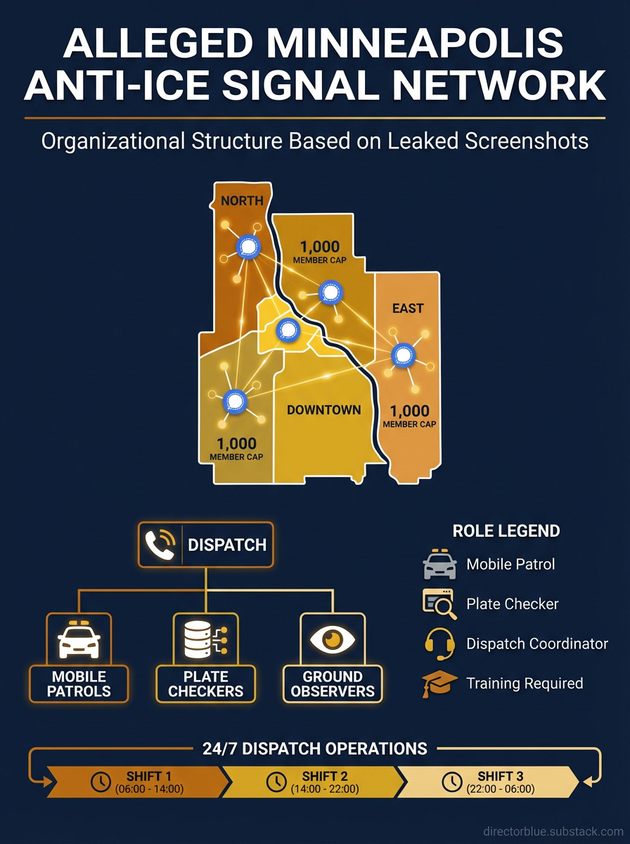 Professional infographic 34 aspect ratio dark navy blue background with accent colors of ambergold and white Clean modern data visualization styleTOP SECTION Title banner reading ALLEGED MINNEAPOLIS ANTI-ICE SIGNAL NETWORK in bold white sans_image_1