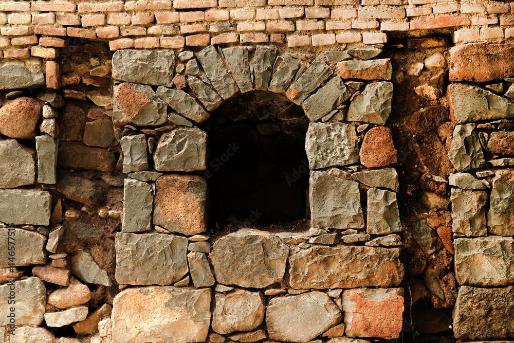 View from the ancient stone window, Medieval stone arch, Arch in stone wall  Stock Photo | Adobe Stock