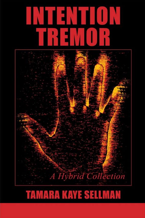 a woman with short brown hair tied with a bandanna, a short story book, Cut De Sac Stories, and a poetry volume, Intention Tremors