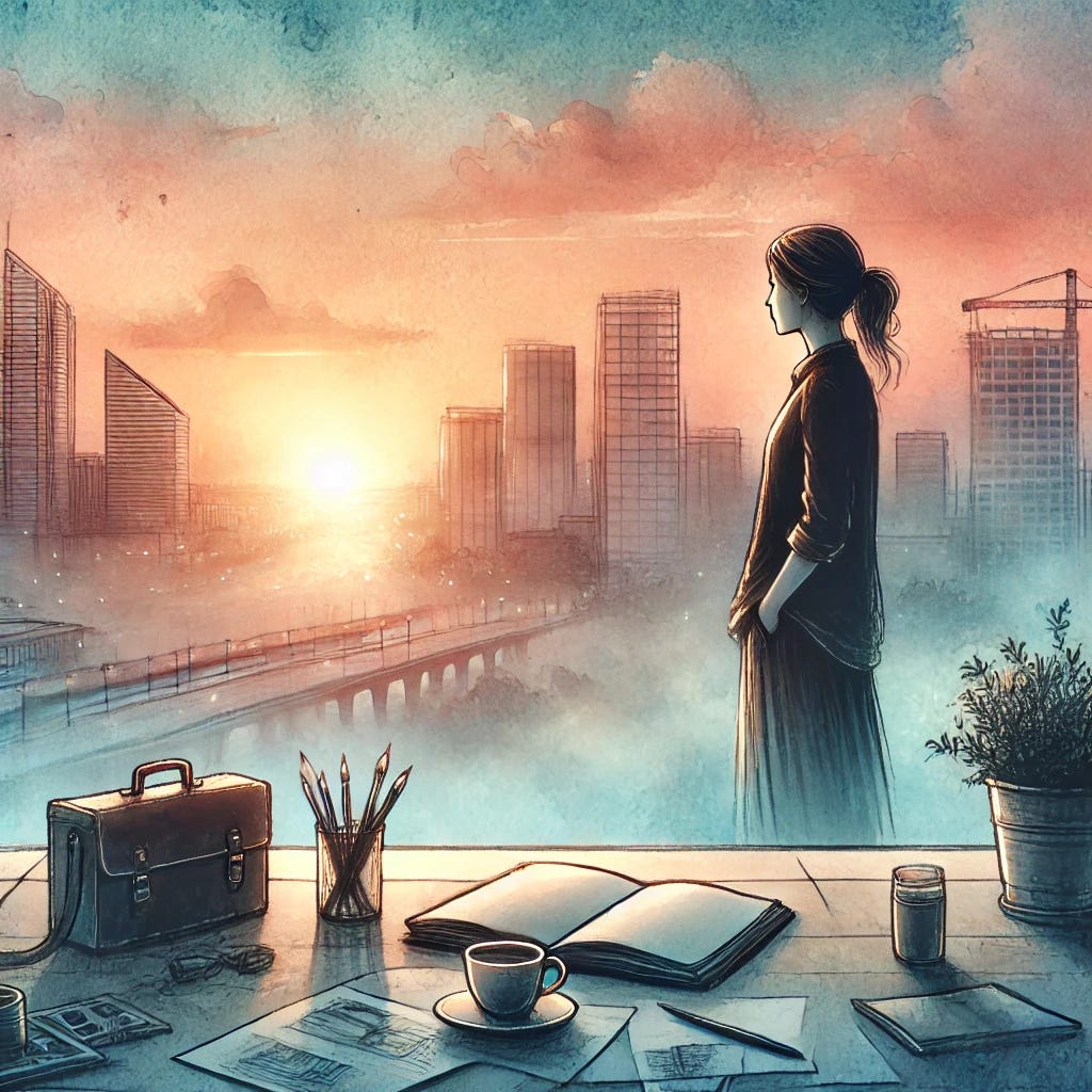 A watercolor-style illustration reflecting the theme 'early in a good way' for a startup founder. The image depicts a serene sunrise over a modern but not overly futuristic cityscape, symbolizing fresh beginnings. In the foreground, a contemplative female entrepreneur stands on a rooftop holding a journal or notebook, surrounded by subtle signs of early work like coffee cups, sketches, and an open laptop. The scene feels moody yet hopeful, with soft, blended hues of orange, pink, and light blue, creating a calming and inspiring atmosphere. The style is painterly and organic, evoking introspection and quiet determination.