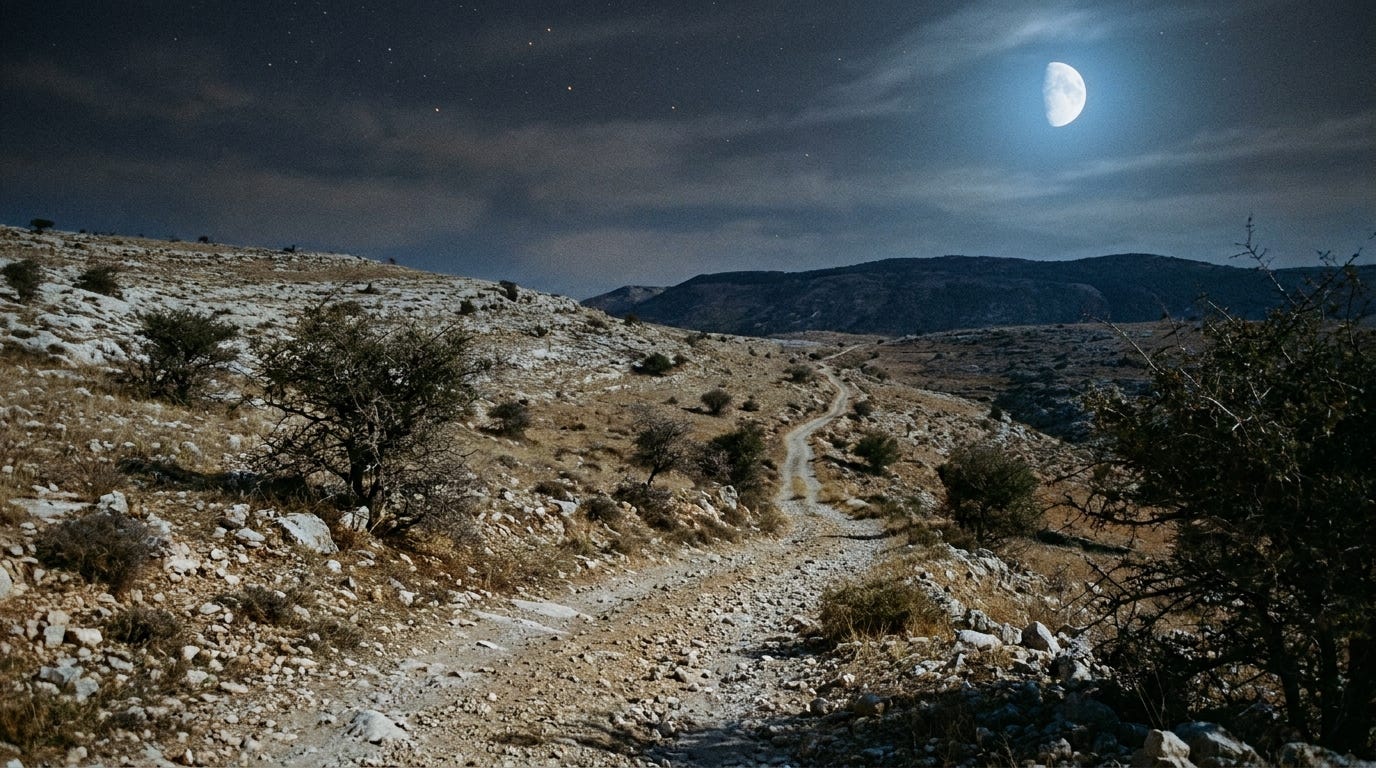 A dry Bronze Age hill road at night under a bright half moon, pale limestone country rolling north toward distant dark hills, a narrow track winding down from high ground, cool blue moonlight on the stony ground with warm low starlight above, a few scattered thornbushes, no people, no faces, no text A dry Bronze Age hill road at night under a bright half moon, pale limestone country rolling north toward distant dark hills, a narrow track winding down from high ground, cool blue moonlight on the stony ground with warm low starlight above, a few scattered thornbushes, no people, no faces, no text