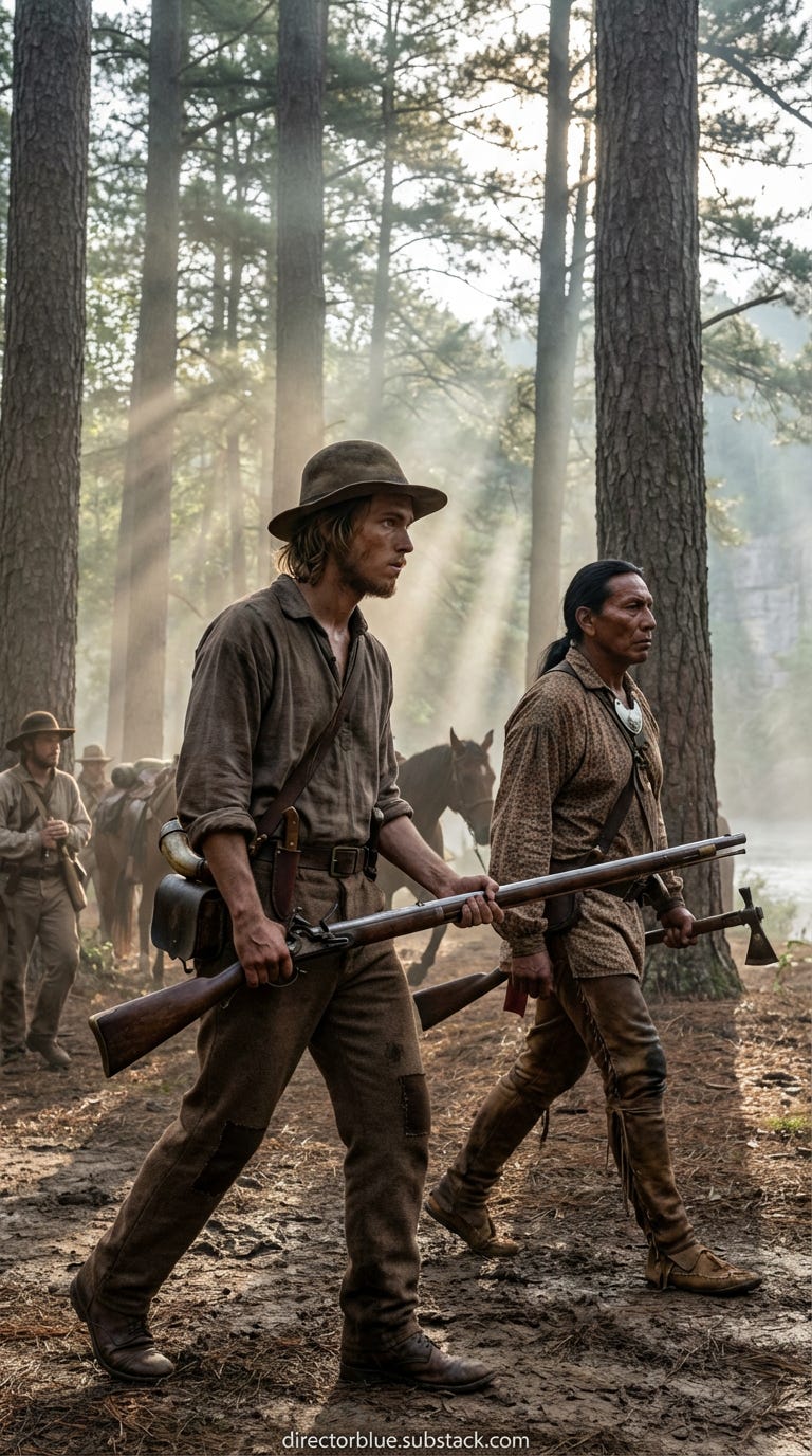 please create the following image - 9x16 vertical portrait composition photorealistic cinematic shot on ARRI Alexa 65 period-accurate 1814 early morning light filtering through tall pines long slanting beams and ground fog Eli Tanner (19 lea_image_1