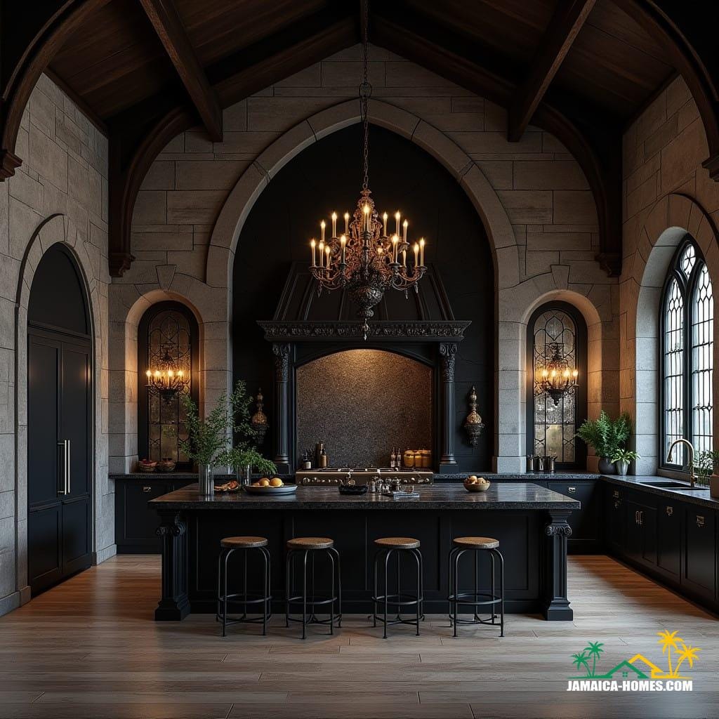 A state-of-the-art gothic kitchen in Jamaica combines the rich, dramatic aesthetic of gothic design with modern culinary technology, tailored to the island's tropical environment.
