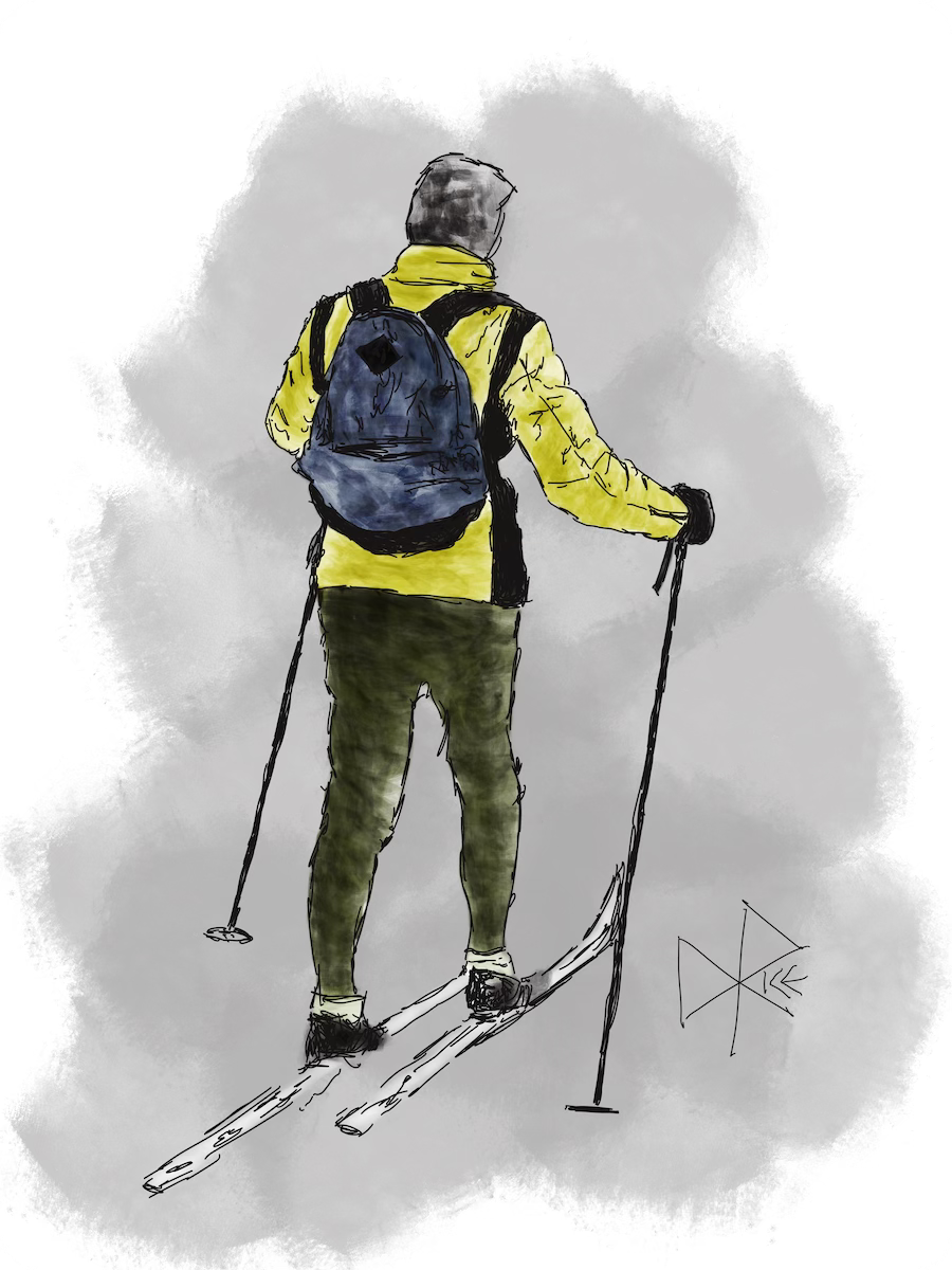 A skier, seen from the back, kicking and gliding down the trail. A small backpack holds the treasures of gear and food for the soon to come rest and lunch break. Sketch art by Don Rice.