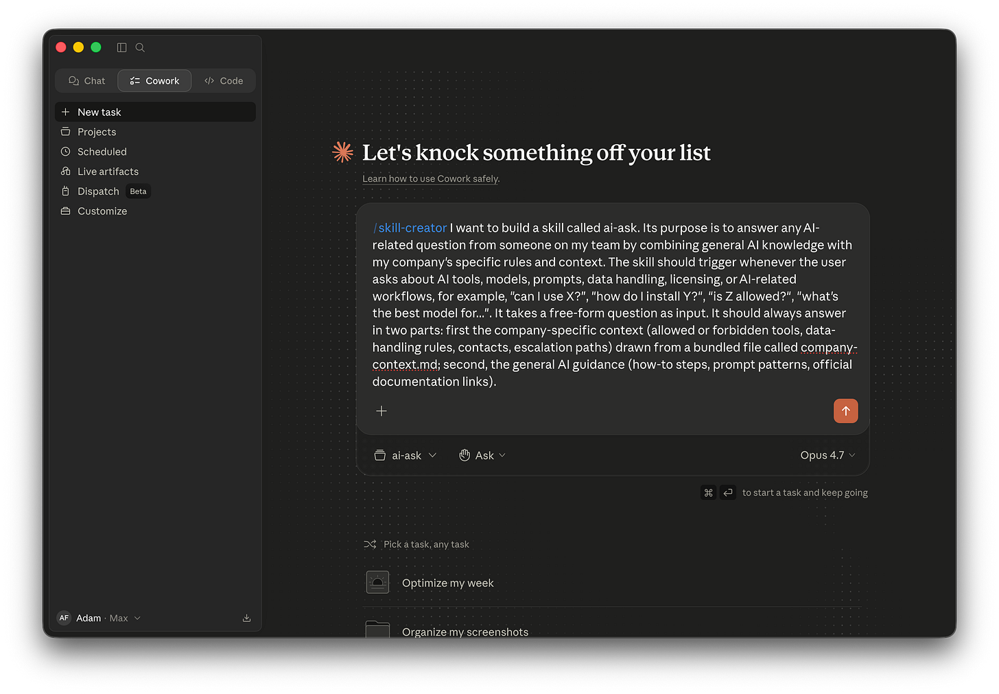 The Cowork chat input shows the long opening prompt pasted in, with the ai-ask project active and Opus 4.7 selected as the model in the input bar.