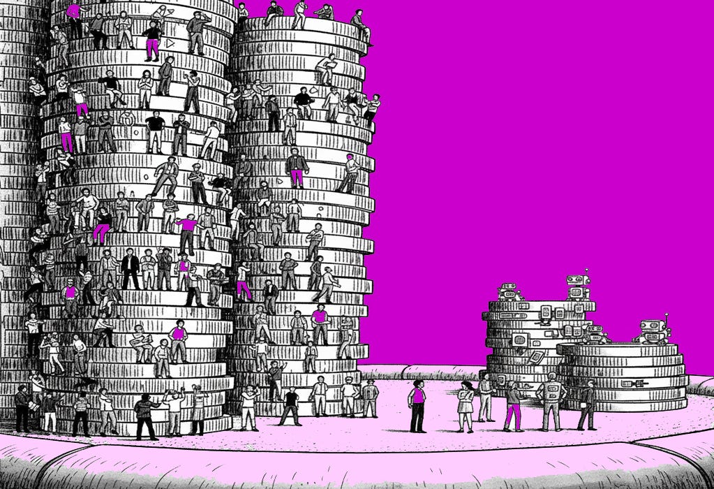 A large stack of poker stacks with diverse people climbing up, a small stack of poker chips with robots on it. Image co-created with Gemini AI 