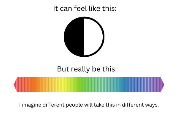 The words "it can feel like this" above a circle that's half white and half black with the words "but really be this" above a rainbow spectrum then the words "i imagine different people will take this different ways"