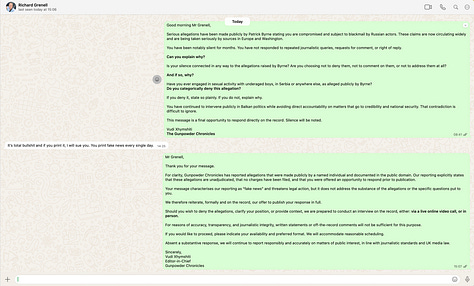 This gallery documents the questions sent by Gunpowder Chronicles, in sequence, to Richard Grenell, Berat Buzhala, and Artan Behrami. They are published in full for transparency and accuracy, to show precisely what was asked, how the questions were framed, and to whom they were addressed. We attach them to this article because accountability depends on an unfiltered record. Readers can see for themselves that the questions were substantive, proportionate, and put on the record, and can judge the subsequent silence, mockery, or threats in that light.