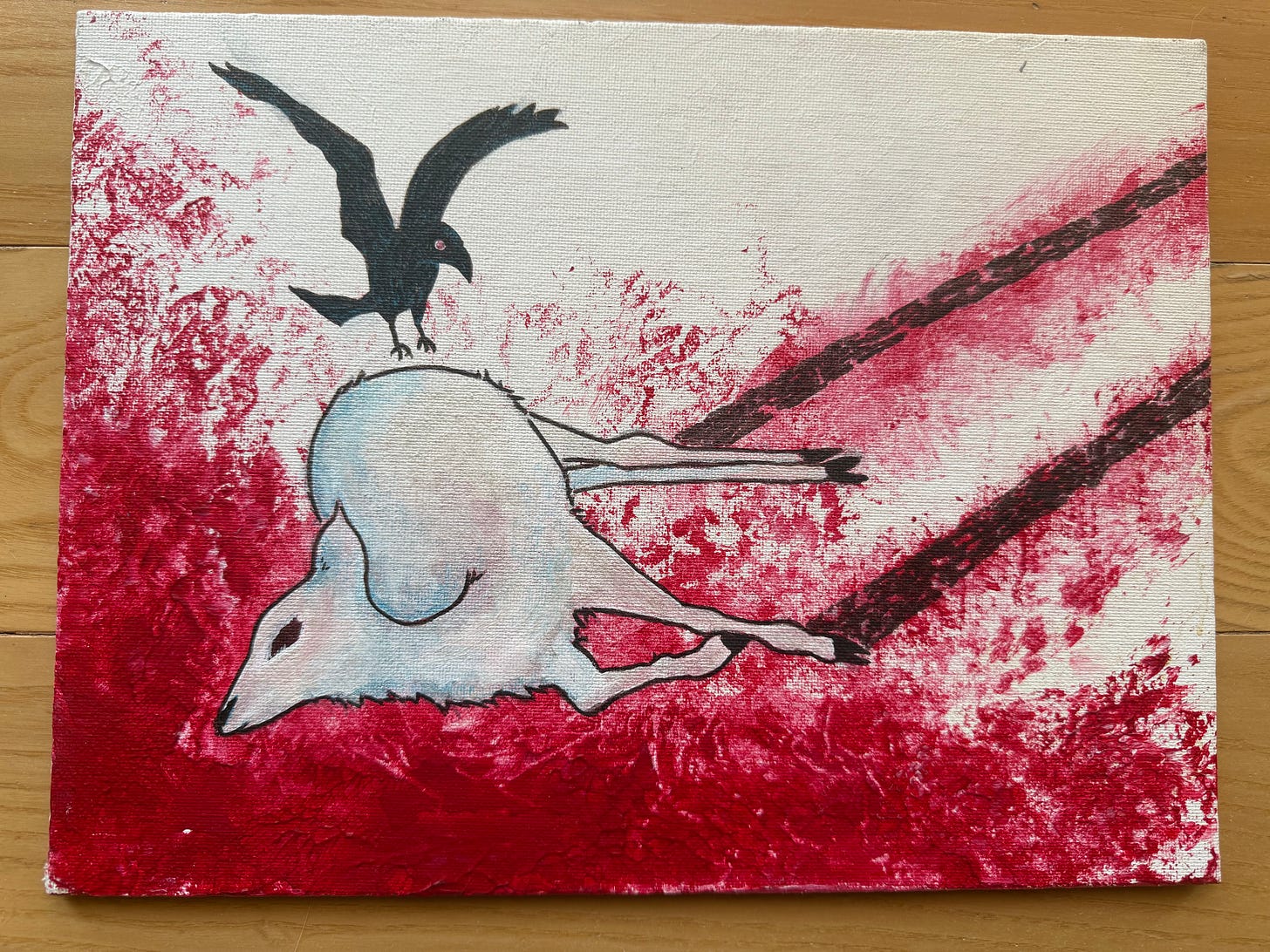  a painting of a dead deer with tire tracks and a crow landing on the body
