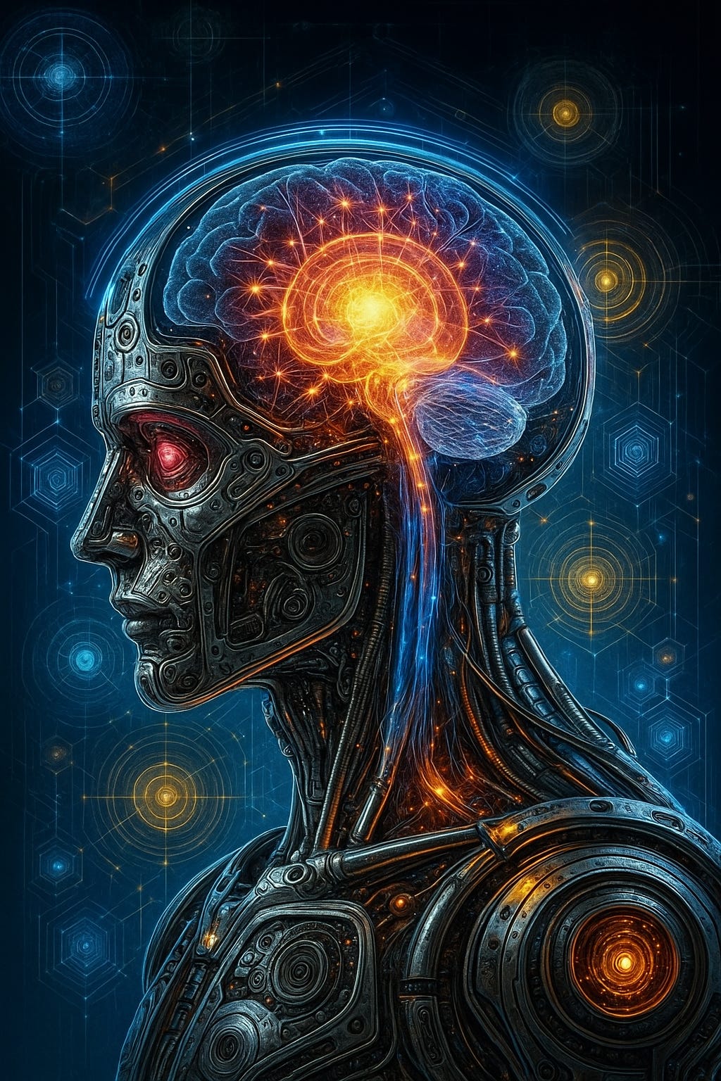 A highly detailed digital painting of a humanoid AI with visible mechanical components and a glowing neural brain network, symbolising the recursive nature of artificial intelligence and its reflection of human cognition. Set against a futuristic background of data streams and geometric light patterns.