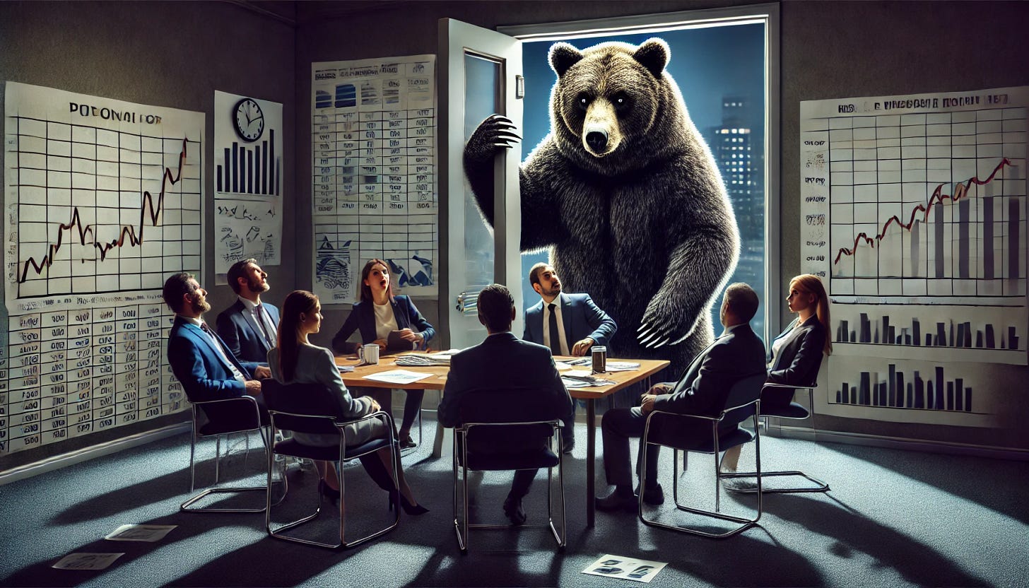 A large, menacing bear standing outside a door, knocking with its paw. Inside, visible through a window or glass door, a group of investors sit around a table, looking scared and anxious. The investors have expressions of fear, with wide eyes and tense postures. The room is dimly lit, with financial charts and graphs scattered on the table and walls, reflecting the tense atmosphere. The bear's fur is dark and its expression is fierce, adding to the ominous scene.
