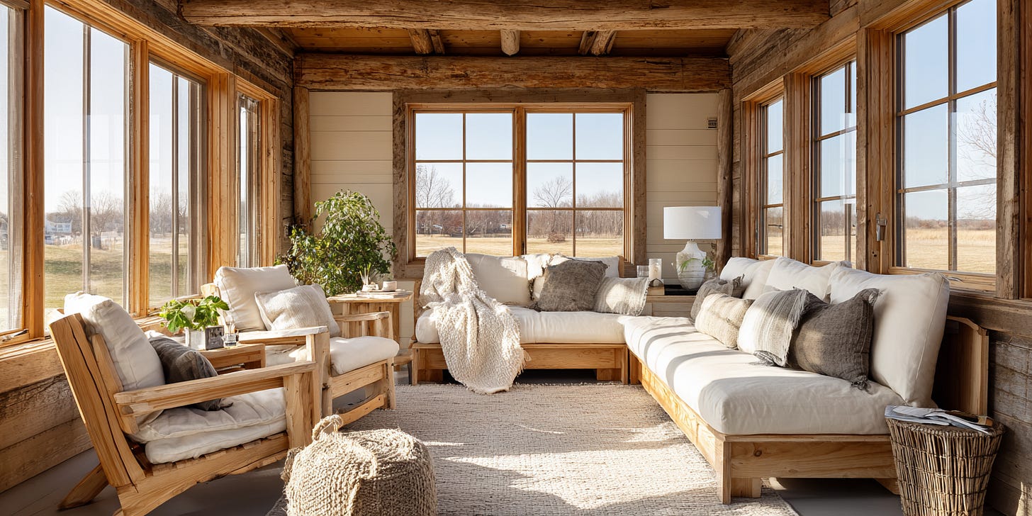 Prairie cabin interior with light wood, minimalist furniture, and large bright windows Prairie cabin interior with light wood, minimalist furniture, and large bright windows