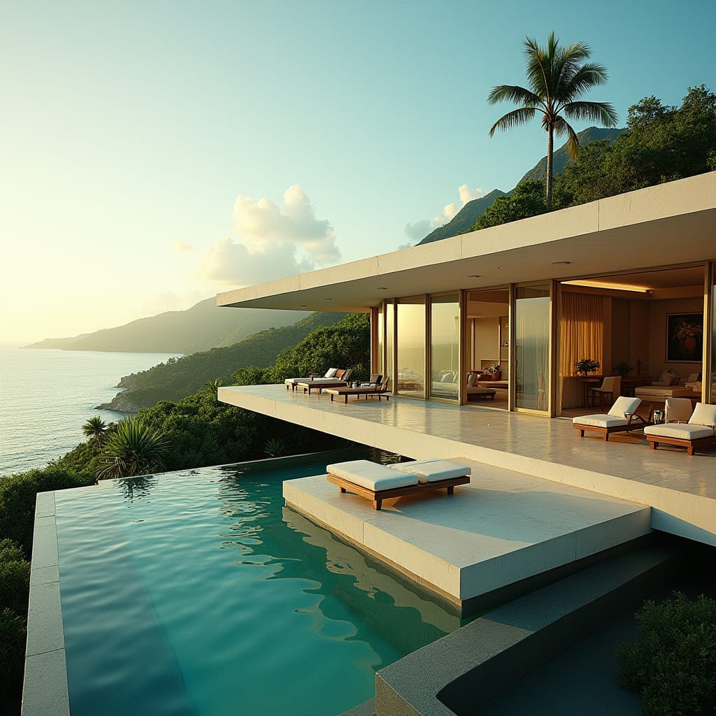 Magnificent modern Jamaican villa with expansive windows, cantilevered platforms, and dramatic protuberances, set directly on the pristine beach in Montego Bay, coast, with turquoise Caribbean waters stretching to the horizon.