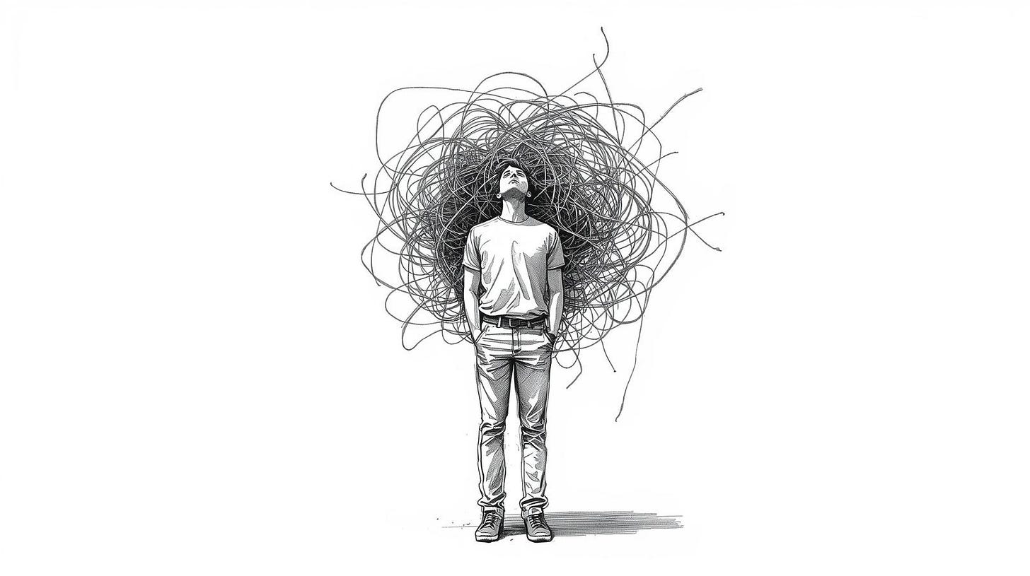 Person standing calm while the same web of knots quietly reassembles behind them