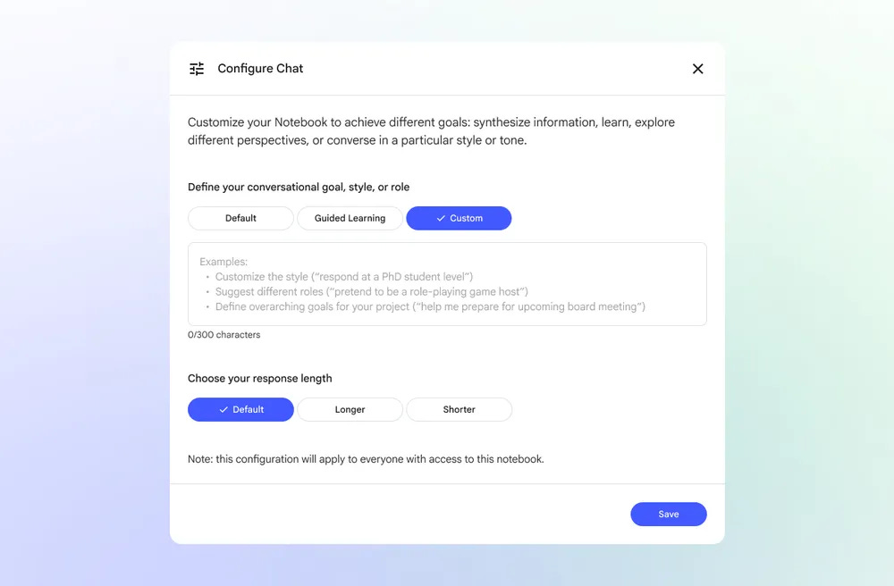 "Configure Chat" dialog box with "Custom" selected to define a conversational goal, style, or role for a notebook.