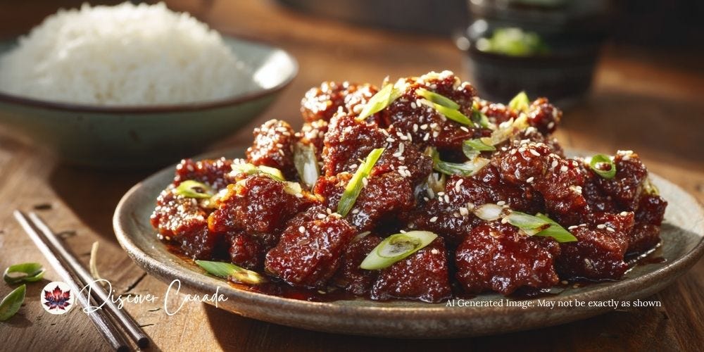Calgary-style ginger beef, crispy and glazed with sweet-spicy sauce, served with rice and green onions.