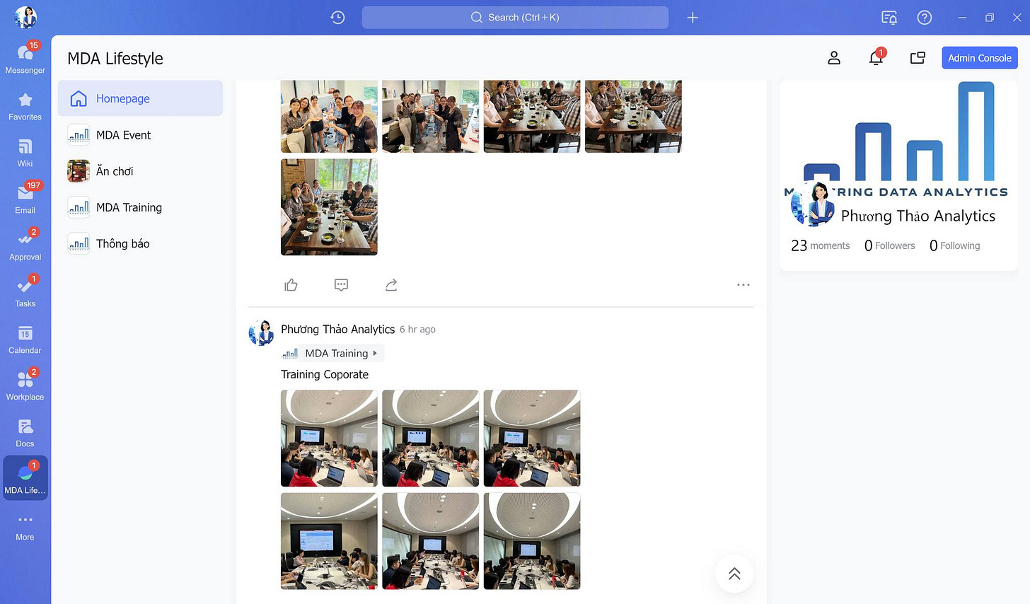 Có thể là hình ảnh về văn bản cho biết 'Messenger MDA Lifestyle Search (Ctrl+ Ctrl+ Favorites Homepage എപി MDA Event Wiki chơi MDA Training Thông báo ထ Admin Console nhl— RING DATA ANALYTICS Phương Thảo Analytics Calendar Workplace 23 moments Phương Thảo Analytics hr ago MDA Training Training Coporate Followers 0 Following Docs More'