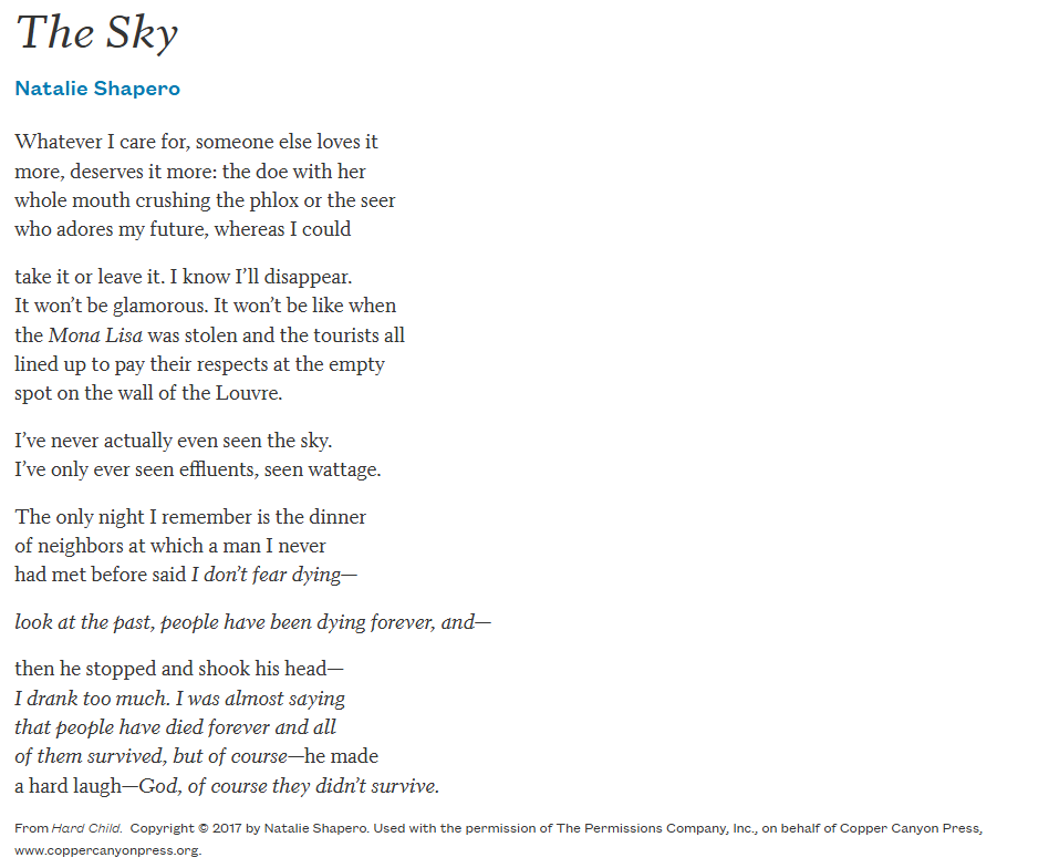 a screenshot of the poem The Sky by Natalie Shapero