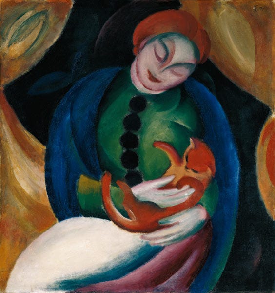 Girl with cat II. - Franz Marc as art print or hand painted oil. Girl with cat II. - Franz Marc as art print or hand painted oil.