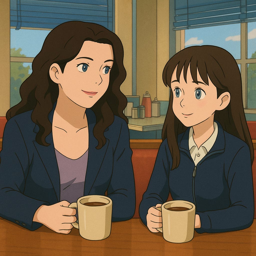 AI-Generated Fan Art Mashup of Lorelai Gilmore and Rory Gilmore in the style of Studio Ghibli drinking coffee at a diner table | rmrk*st | Remarkist Magazine