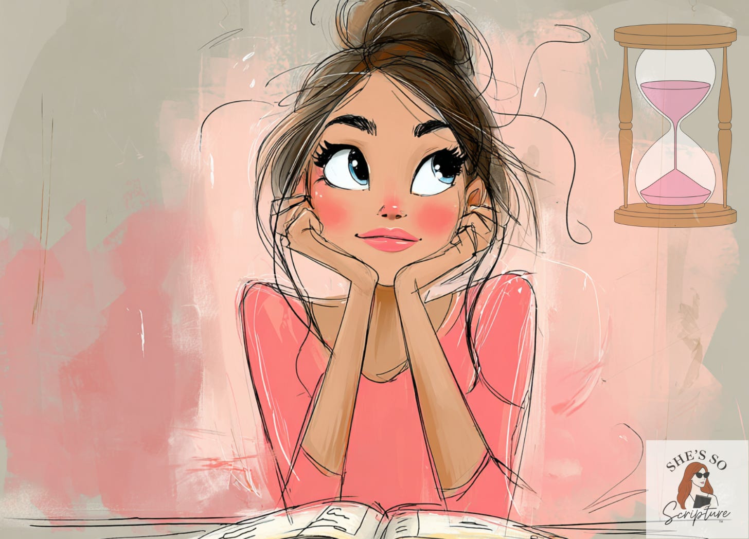 Soft watercolor illustration of a thoughtful woman seated at a desk with an open Bible, resting her chin in her hands, gazing upward in quiet reflection, with warm blush tones and a calm, contemplative atmosphere.