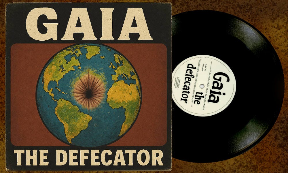 A vintage style LP cover with a vinyl record half slide out of it. The record is titled Gaia the Defecator and has an image of earth with a colon opening in the centre.