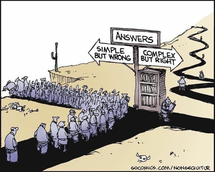 Hordes of people taking answers that are simple but wrong, while only a few taking complex but correct ones.