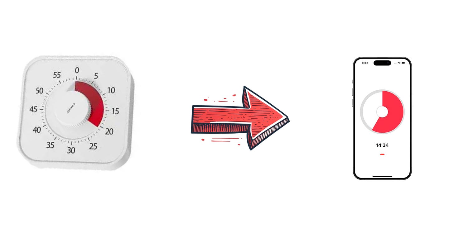 A physical timer to a digital timer app.