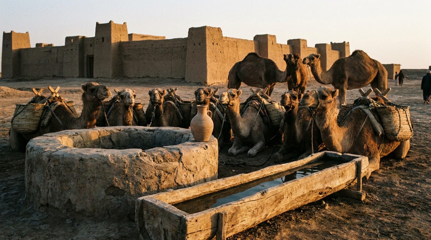 Ten camels kneeling beside a stone well and a wooden trough outside an ancient walled town at dusk, a clay water jar resting on the well's edge, no people, no faces, no text Ten camels kneeling beside a stone well and a wooden trough outside an ancient walled town at dusk, a clay water jar resting on the well's edge, no people, no faces, no text