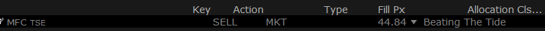 Beating the Tide trade log showing Manulife (MFC.TSE) sell order executed at 44.84 CAD, closing the investment thesis from the deep dive analysis.