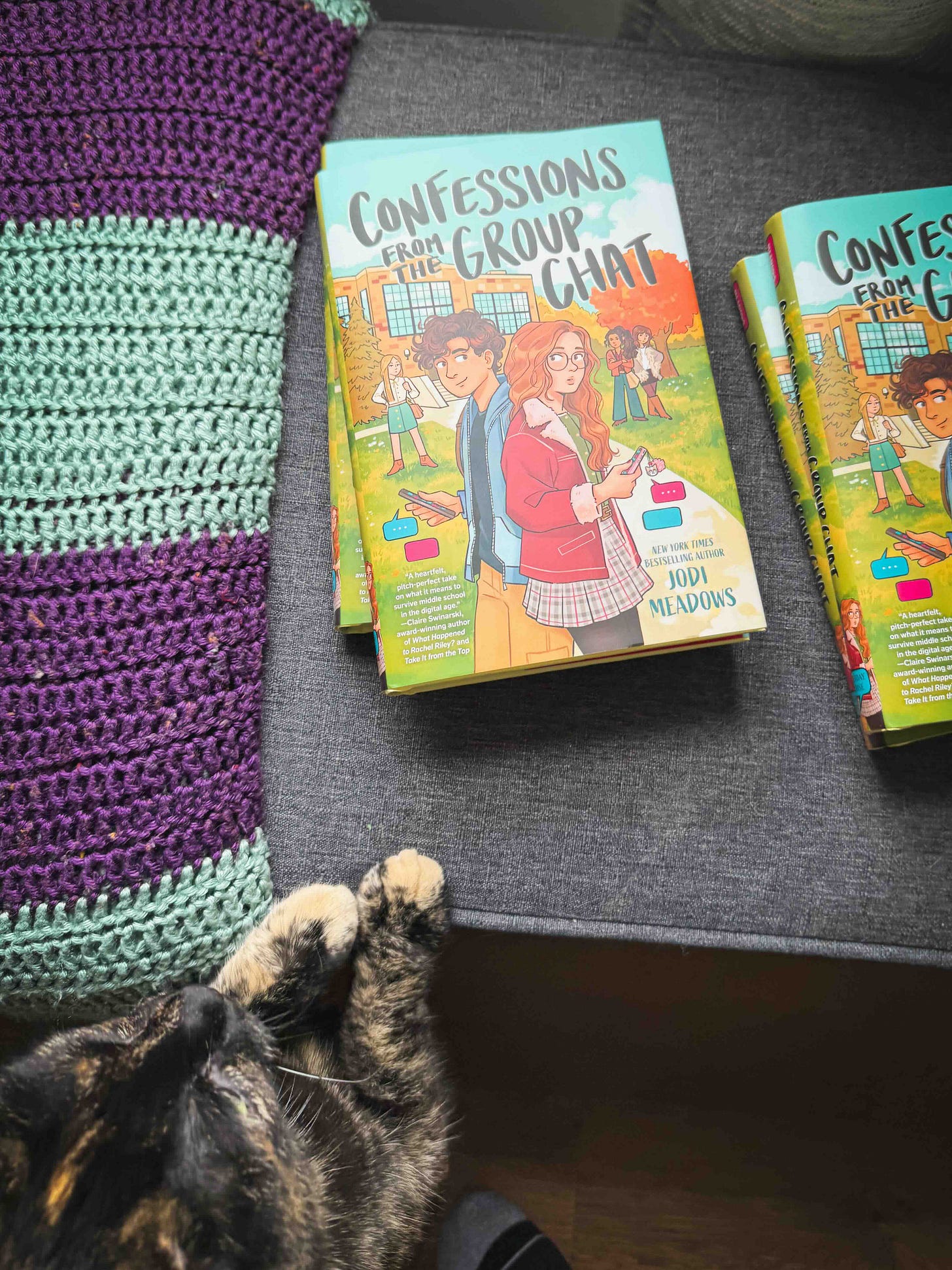 Top-down shot of the book on a gray surface, a green and purple blanket to the left side. Hush, a tortie cat, is about to jump onto the books; she's at the bottom of the shot with her paws on the furniture.