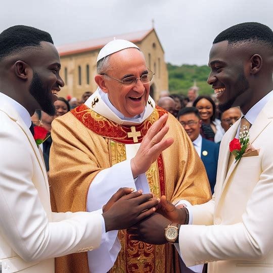 the pope giving a blessing to two men after just getting married outside a catholic church