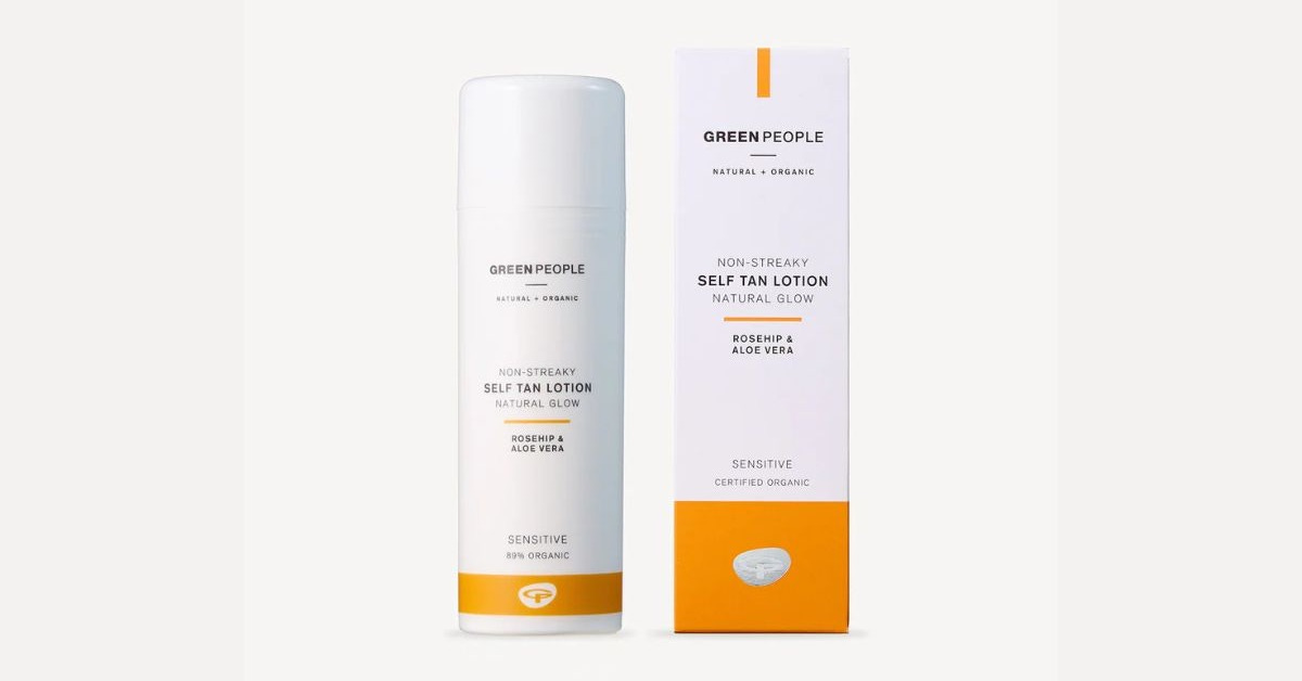 Green People Self Tan Lotion with outer packaging box, photographed on a plain off-white background