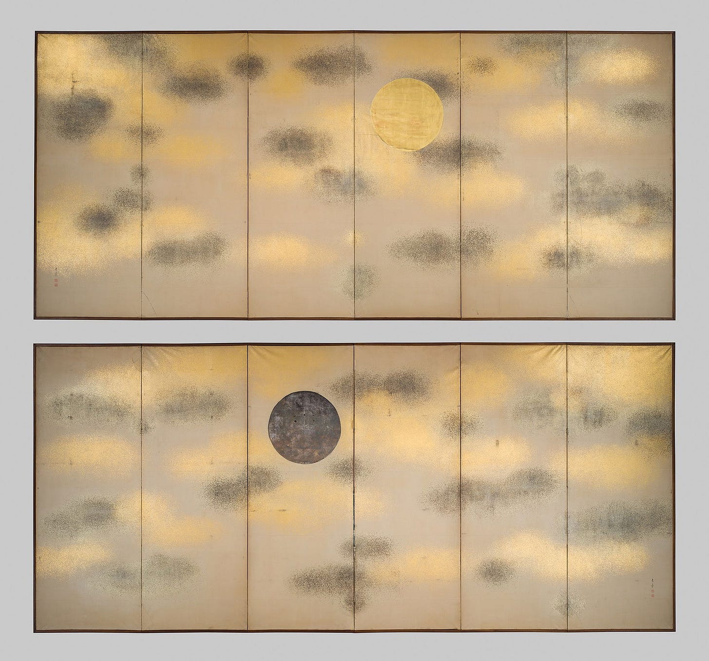 NAKAJIMA RAISHO: AN EXCEPTIONAL PAIR OF SIX-PANEL 'SUN AND MOON' BYOBU (FOLDING SCREENS)