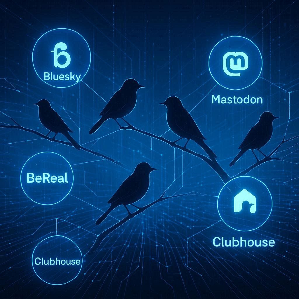 Futuristic network visualization showing emerging social media platforms Bluesky, Threads, Mastodon with digital connections and early bird symbols