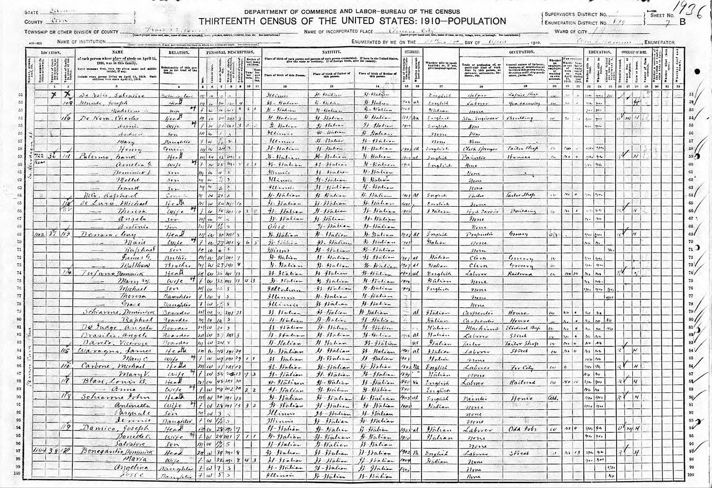 1910 US Census page for part of Vernon Park Place showing most of the individuals were born in Italy. 1910 US Census page for part of Vernon Park Place showing most of the individuals were born in Italy.